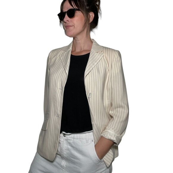Akris Wool Blend Pinstripe 2-Button Blazer Ivory Cream Black Classic Size 10 - Picture 1 of 16